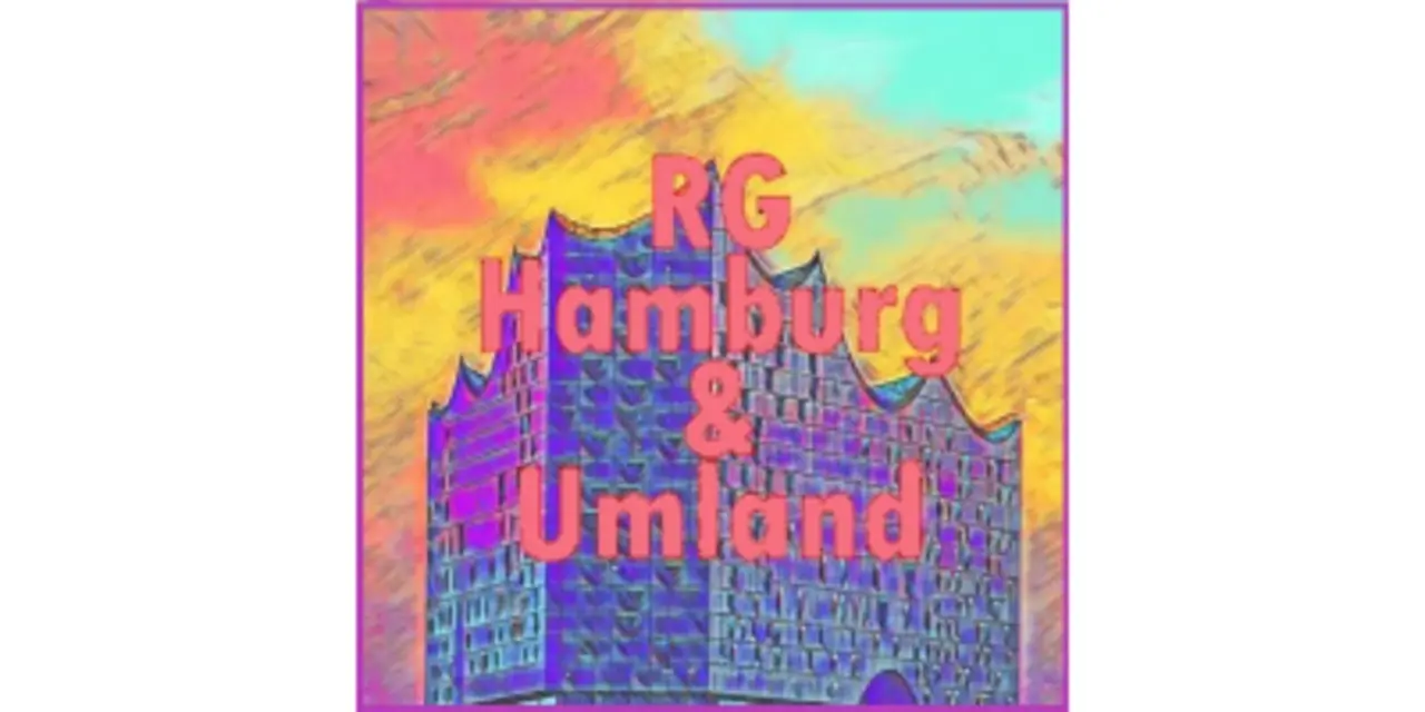 Grafik mit stilisierter Darstellung der Elbphilharmonie in Hamburg vor einem bunten Hintergrund in Gelb-, Blau- und Rottönen. Auf dem Gebäude steht der Text 'RG Hamburg & Umland' in großen, pinkfarbenen Buchstaben.