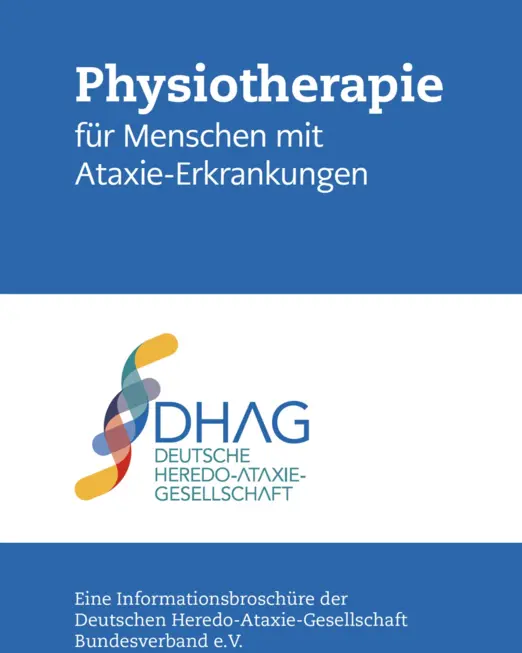 Titelbild einer Informationsbroschüre der Deutschen Heredo-Ataxie-Gesellschaft (DHAG) mit dem Titel 'Physiotherapie für Menschen mit Ataxie-Erkrankungen'. 