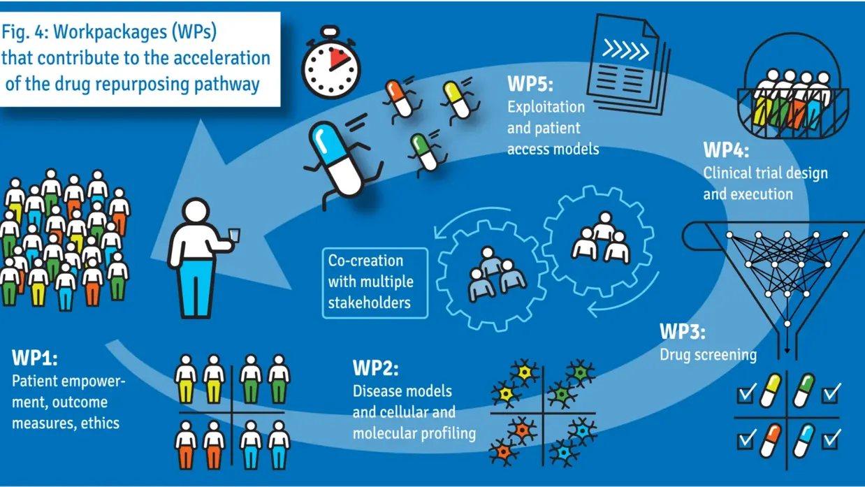 Die Grafik zeigt verschiedene Arbeitspakete (WPs), die zur Beschleunigung des Arzneimittelrepositionierungsprozesses beitragen.  WP1: Patientenbeteiligung, Outcome-Messungen und Ethik. WP2: Krankheitsmodelle und molekulare Profilerstellung. WP3: Medikamenten-Screening zur Auswahl potenzieller Wirkstoffe. WP4: Planung und Durchführung klinischer Studien. WP5: Nutzung der Forschungsergebnisse und Modelle für den Patienten-Zugang. Der Prozess ist als Zyklus dargestellt und betont die Co-Kreation mit verschiedenen Interessensgruppen. Symbole und Diagramme verdeutlichen die einzelnen Schritte, wie klinische Tests, molekulare Modellierung und Patientenbeteiligung.