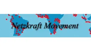 Logo der Netzkraft Movement. Es zeigt eine stilisierte Weltkarte in Blautönen mit zahlreichen roten Punkten, die verschiedene Standorte weltweit darstellen. In der Mitte steht der Schriftzug 'Netzkraft Movement' in schwarzer, geschwungener Schrift.