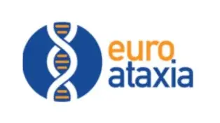 Logo von Euroataxia. Links befindet sich ein stilisiertes DNA-Strang-Symbol in Weiß und Gelb vor einem blauen Kreis. Rechts daneben steht der Schriftzug 'euro' in orangefarbener und 'ataxia' in blauer Schrift.