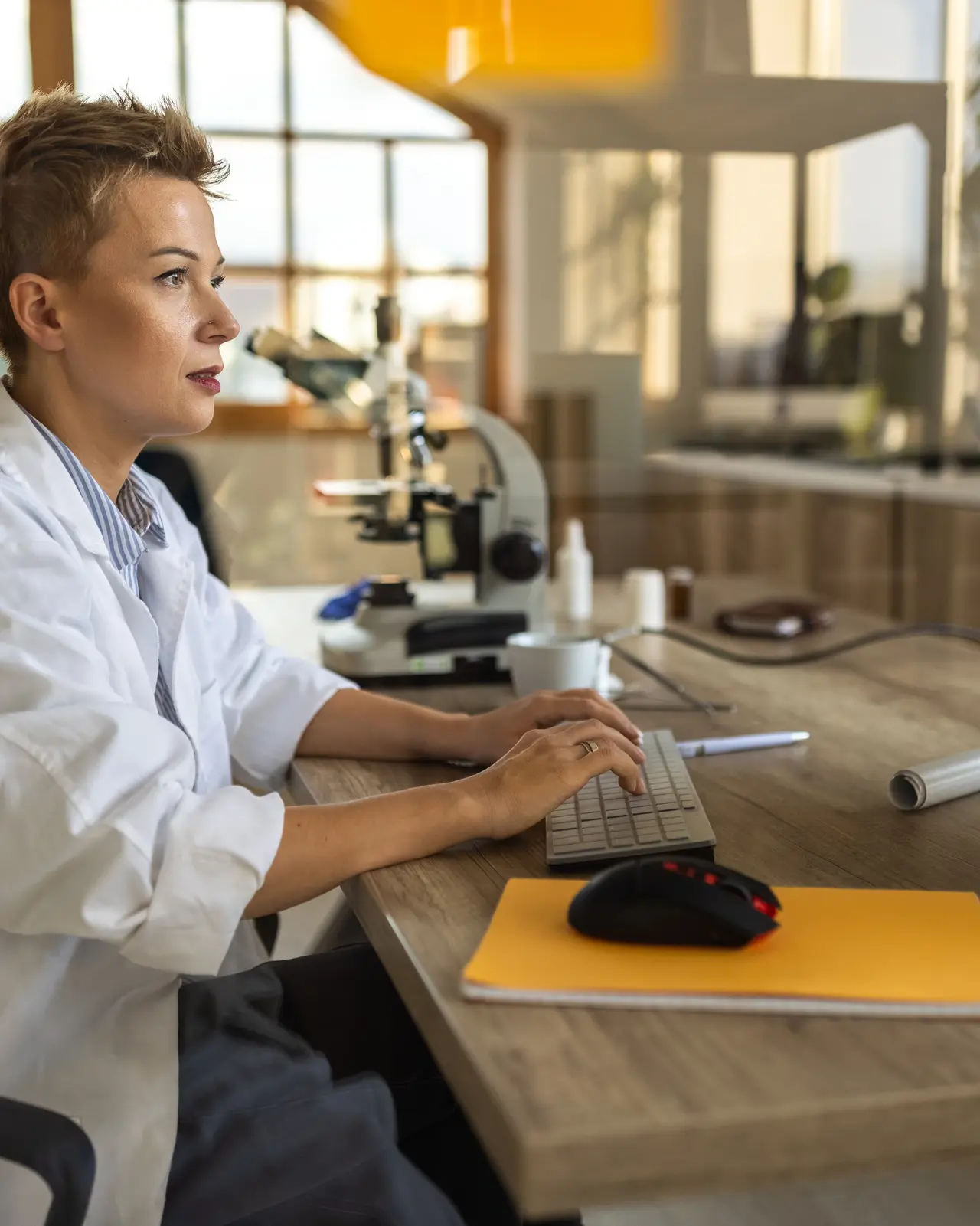 Eine Wissenschaftlerin mit kurzem Haar sitzt vor einem Computer und arbeitet konzentriert. Sie trägt einen weißen Kittel, und hinter ihr stehen ein Mikroskop und andere Laborgeräte.