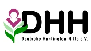 Logo der Deutschen Huntington-Hilfe e.V. (DHH). Links befindet sich ein stilisiertes Symbol in Form einer Pflanze mit grünen Blättern und einer stilisierten menschlichen Figur in Magenta. Rechts daneben steht der Schriftzug 'DHH' in großen schwarzen Buchstaben, darunter der Text 'Deutsche Huntington-Hilfe e.V.' in kleiner schwarzer Schrift.