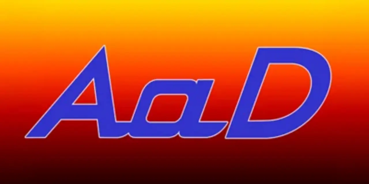 Logo von AaD mit den blauen Buchstaben 'AaD' vor einem Farbverlauf-Hintergrund, der von Gelb über Orange zu Schwarz verläuft.