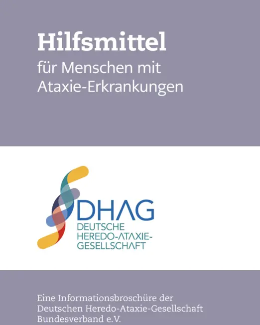 Titelbild einer Informationsbroschüre der Deutschen Heredo-Ataxie-Gesellschaft (DHAG) mit dem Titel 'Hilfsmittel für Menschen mit Ataxie-Erkrankungen'.