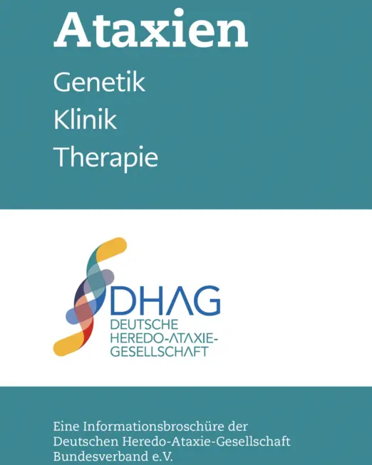 Titelbild einer Informationsbroschüre der Deutschen Heredo-Ataxie-Gesellschaft (DHAG) mit dem Titel 'Ataxien - Genetik, Klinik, Therapie'. 